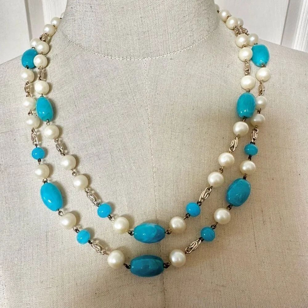Blue beaded faux pearl double strand necklace